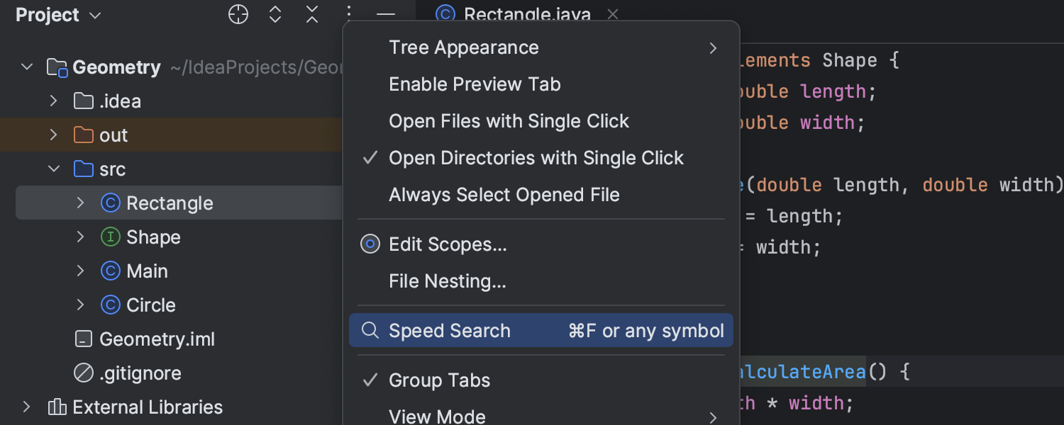 Speed Search available via shortcut