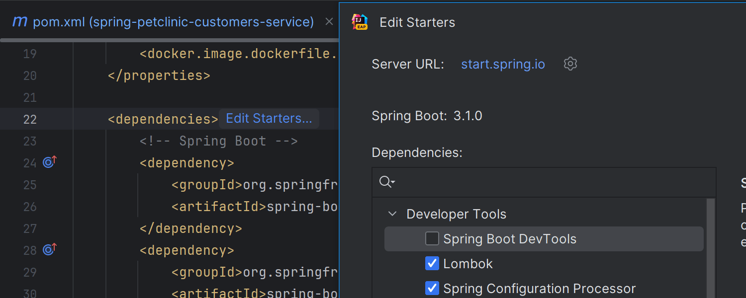 Option to add and edit Spring Boot starters via Spring Initializr