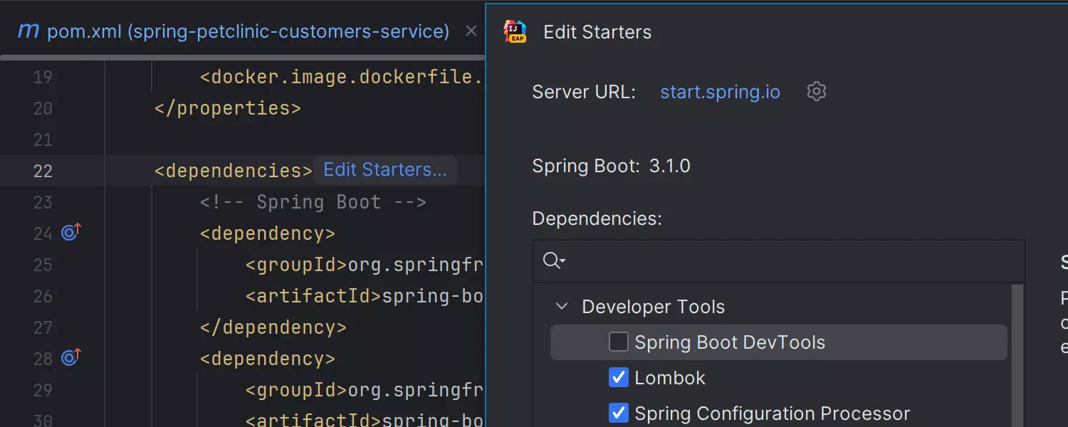 Spring Initializr による Spring Boot スターターの追加と編集のオプション