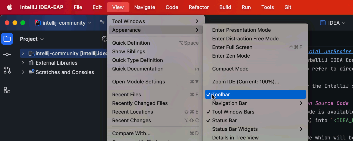 Option to hide the main toolbar in the default viewing mode