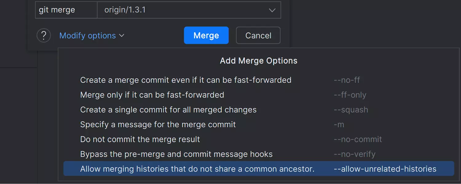 Merge-Option „Allow unrelated histories“