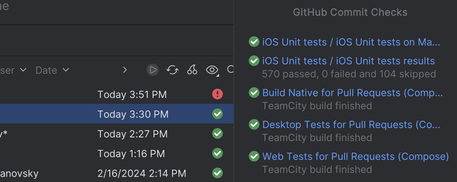 Status das verificações de CI na janela de ferramentas Git