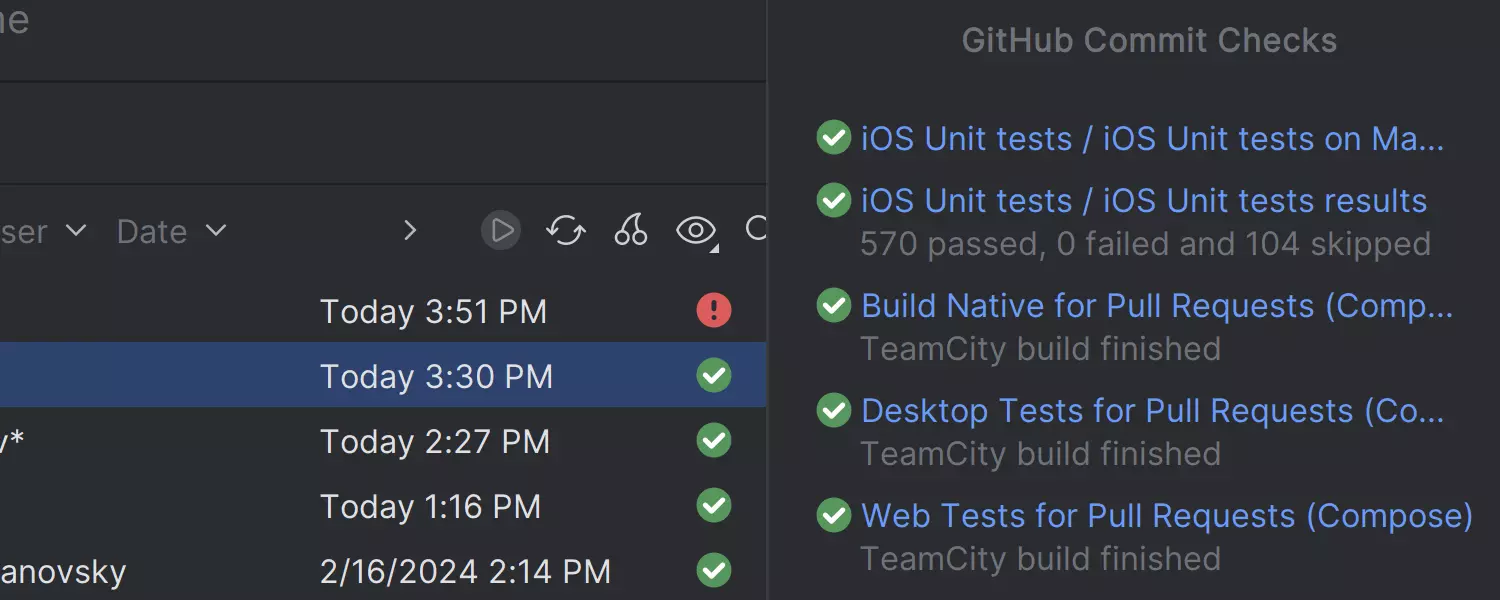 Statuses of CI checks in the Git tool window