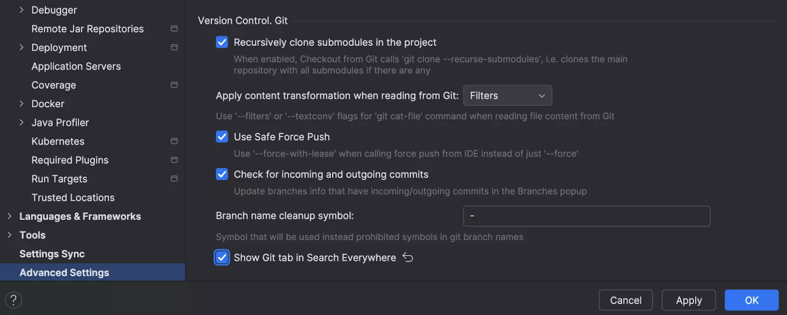 Git tab removed from the Search Everywhere dialog