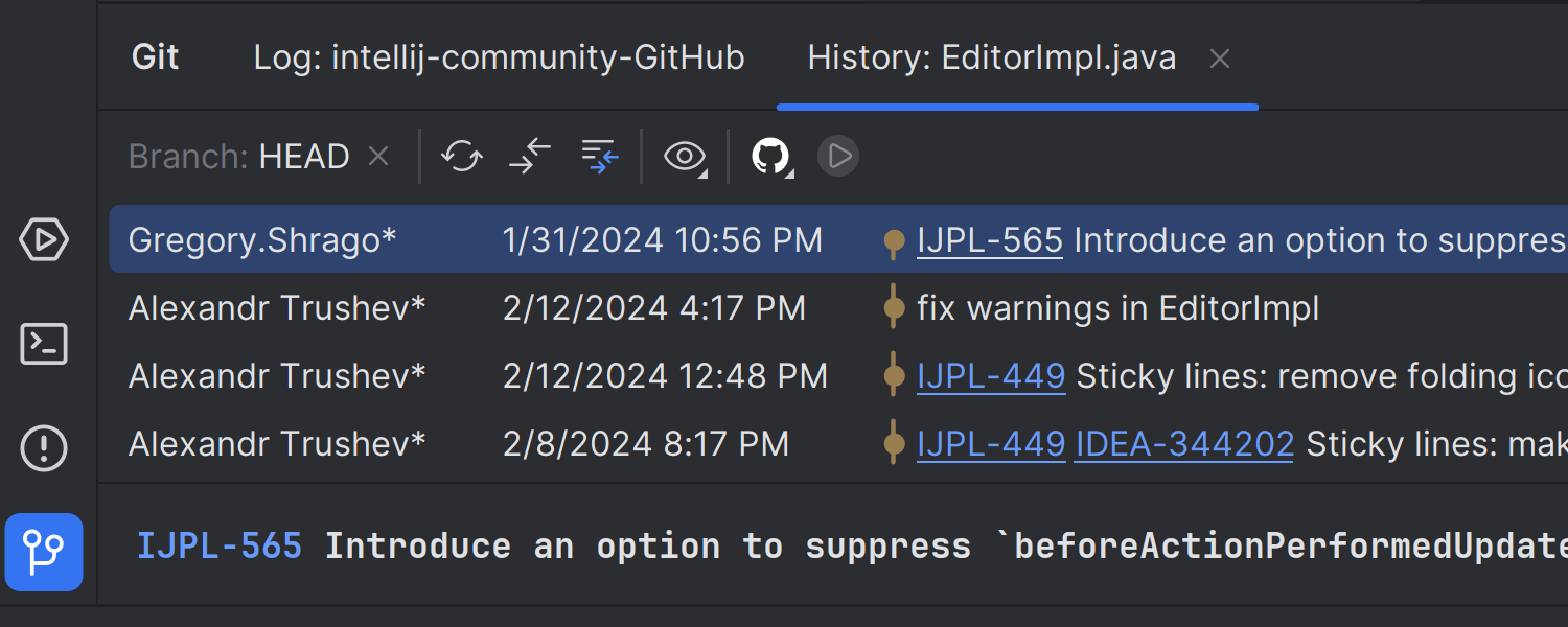 Git 도구 창의 History(기록) 탭에 적용된 브랜치 필터