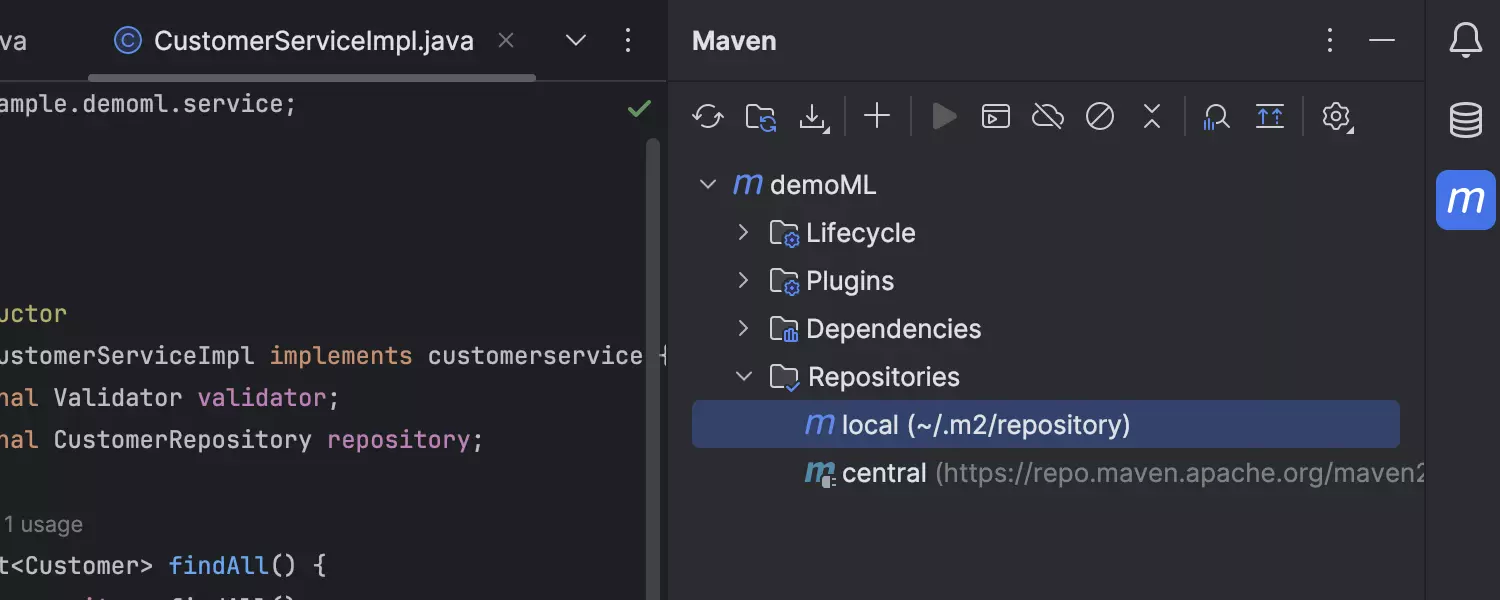 Repositórios Maven na janela de ferramentas Maven