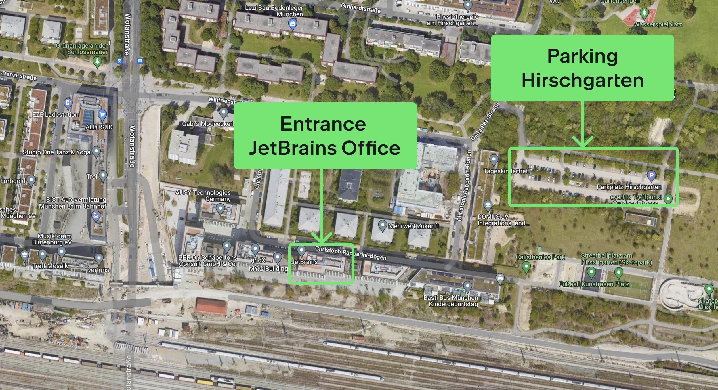 Map with 2 pins: 'Entrance JetBrains Office' and 'Parking Hirschgarten'