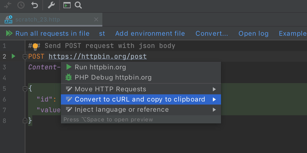 Export HTTP requests to cURL