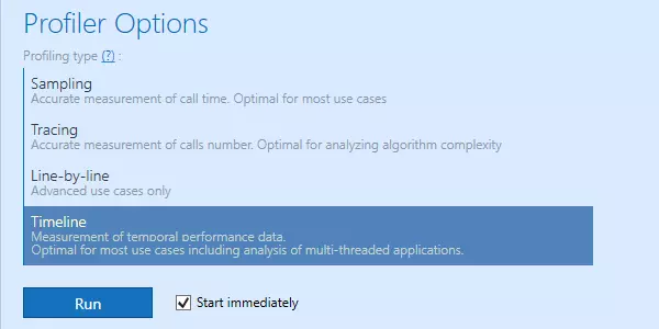 Timeline, sampling, tracing, and line-by-line dotTrace profiling modes