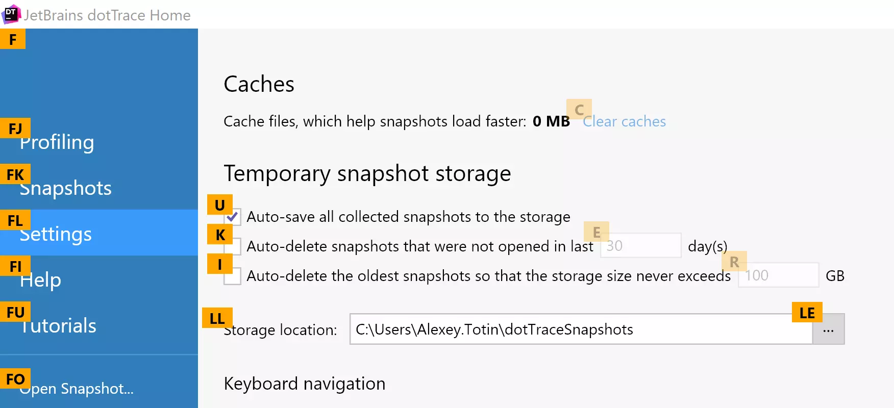 Keyboard navigation in dotTrace Home