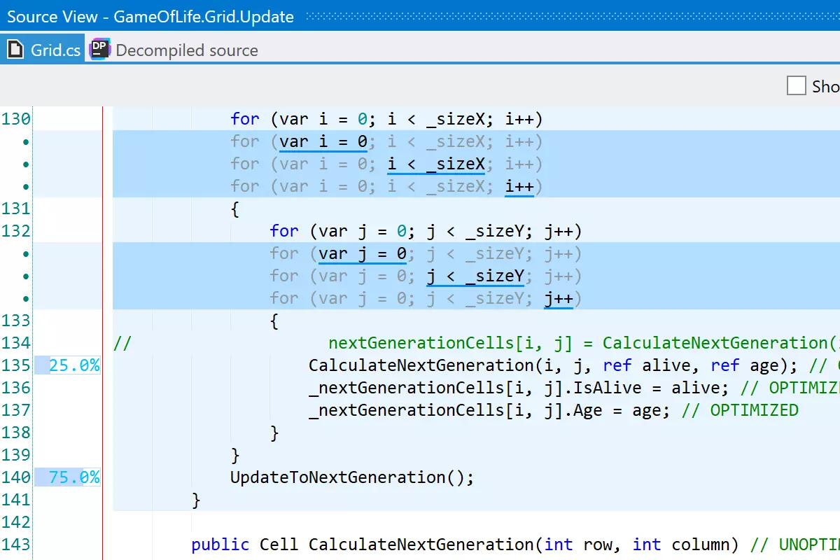 Profiling data in the Source view