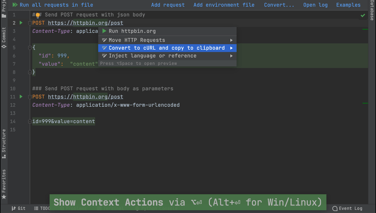 cURL conversion in the HTTP client