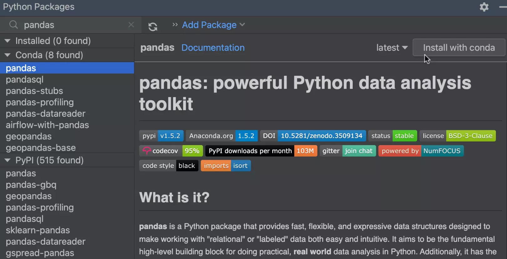 Управление зависимостями Conda в окне Python Packages