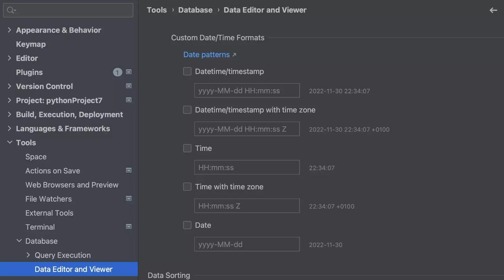 Formats for date and time data types in the data editor