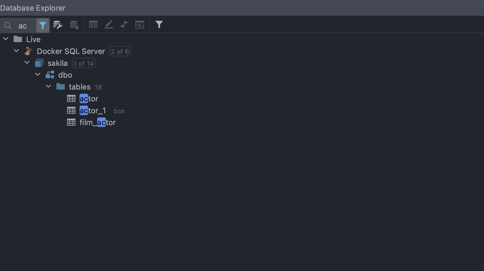 Schnellfilter im Database Explorer