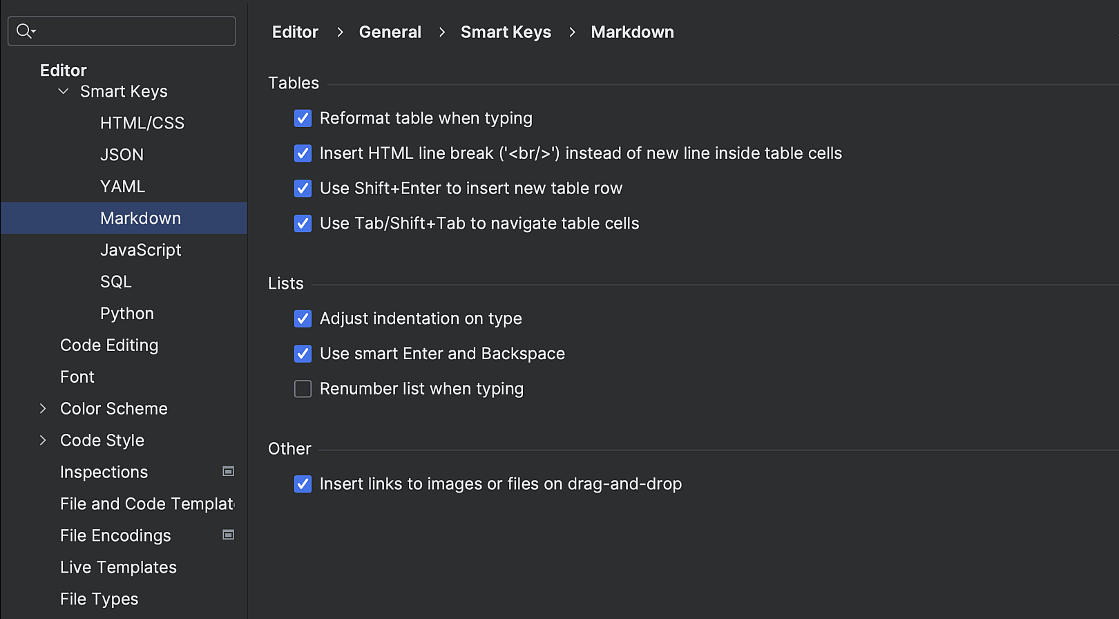 New Smart Keys settings page for Markdown