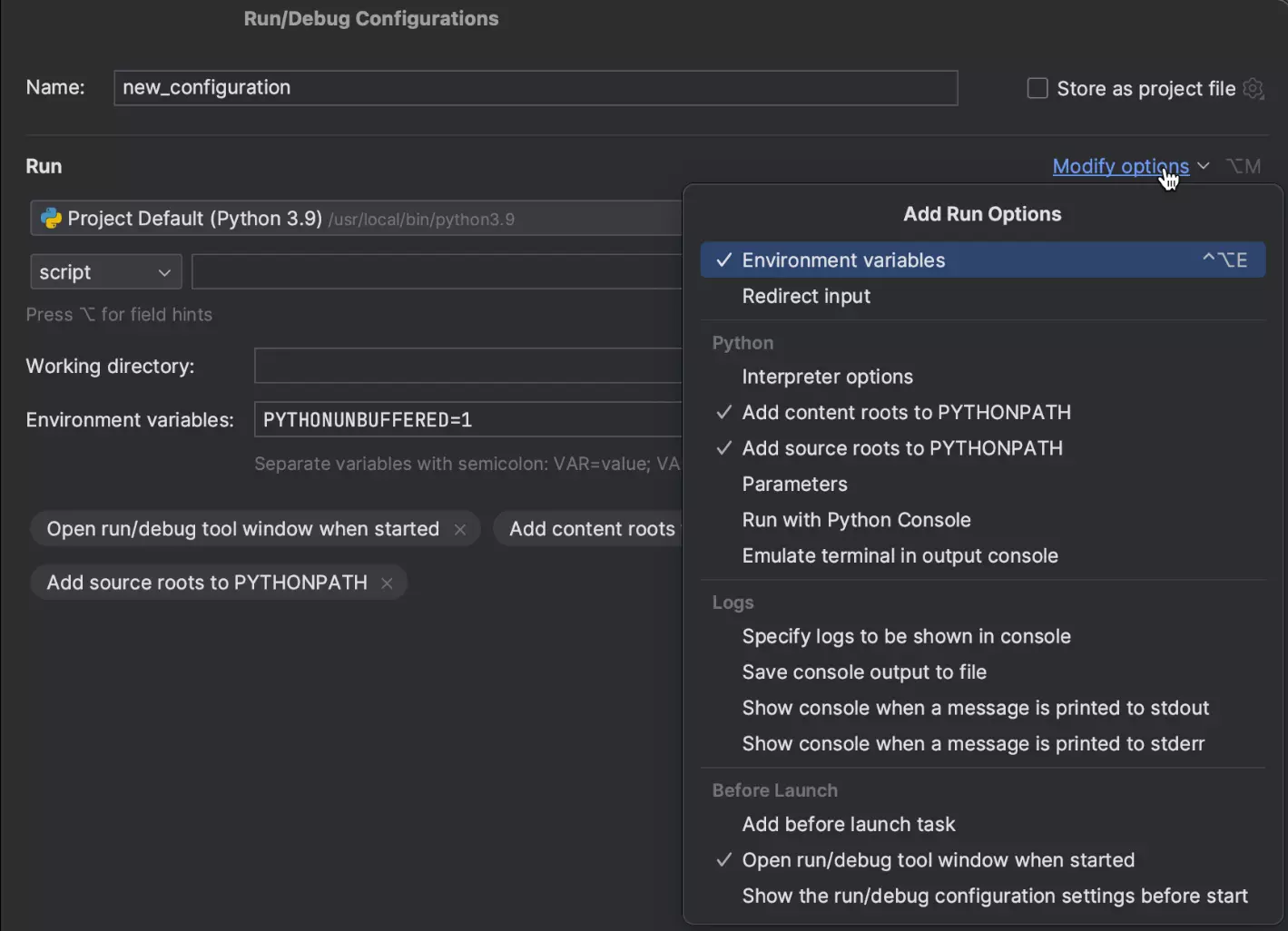 Cuadro de diálogo Run/Debug Configurations de Python rediseñado