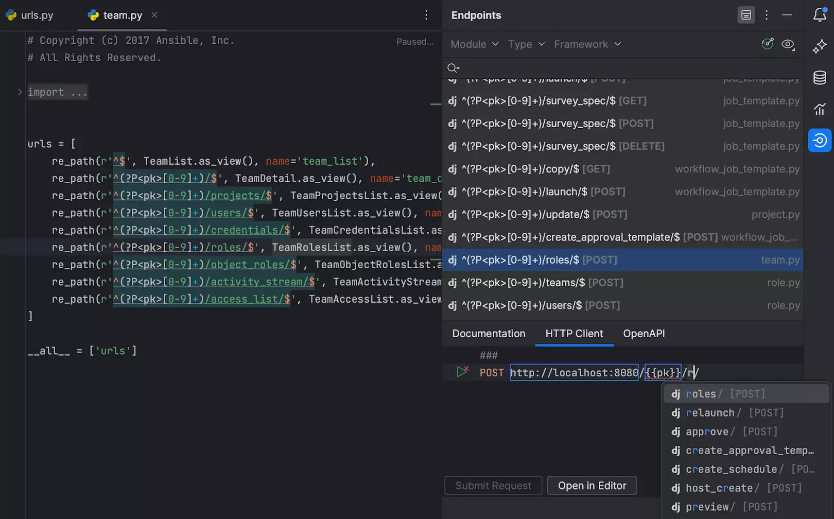 Endpoints-Toolfenster für Django