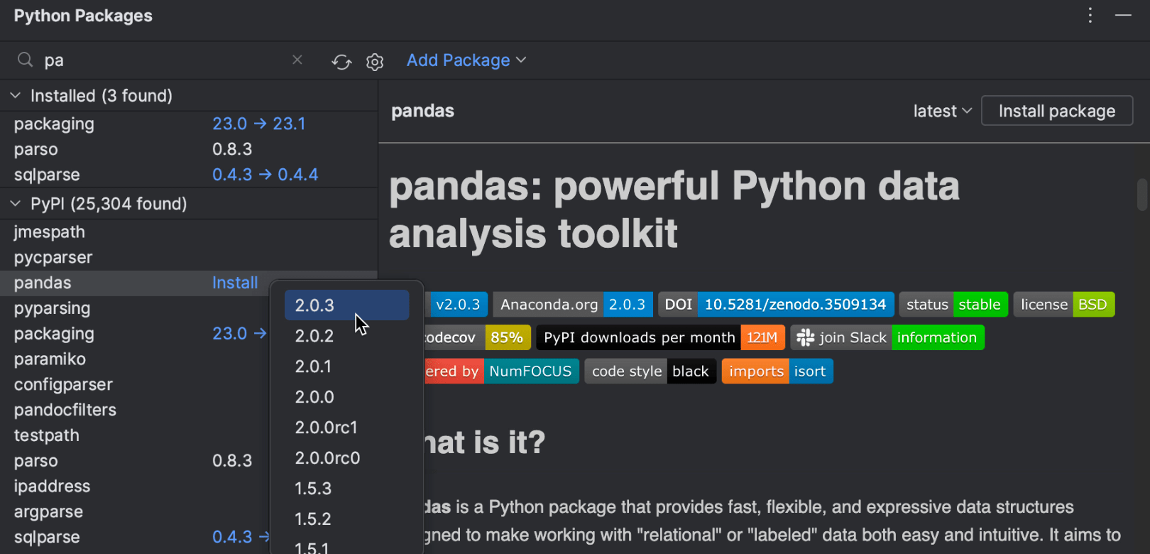 Option to update packages from the Python Packages tool window