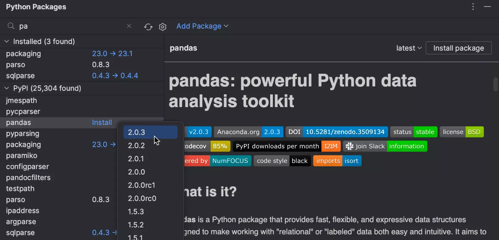 Opção para atualizar pacotes na janela de ferramentas Python Packages