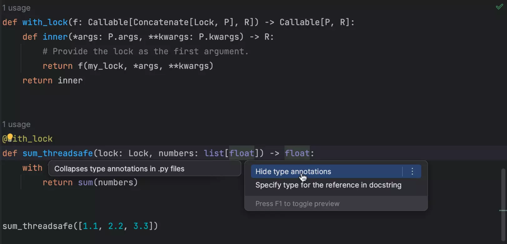 Option to collapse Python type annotations