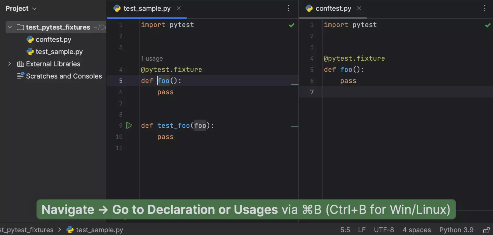 Compatibilidad con la anulación de accesorios en pytest