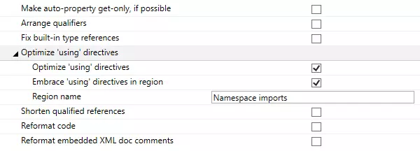 Configuration d'un style pour optimiser les directives 'using'