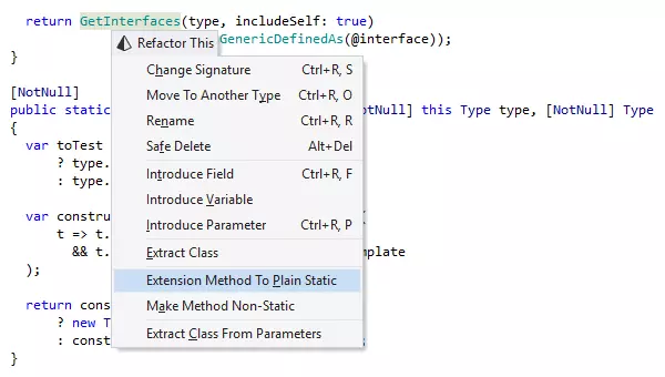 Refactorización Convert Extension Method to Static (Convertir método de extensión a estático) en ReSharper