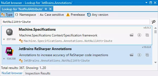 Ventana de navegador NuGet en ReSharper