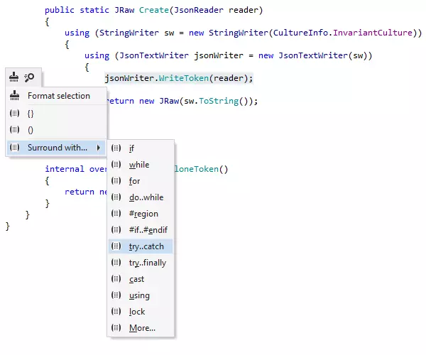 C#에 적용된 ReSharper의 둘러싸기 템플릿