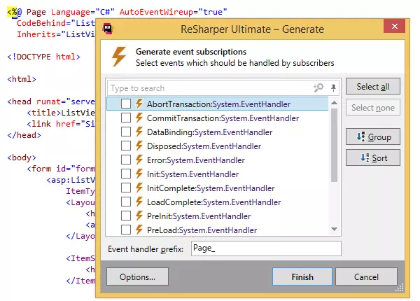 Generación de métodos de suscripción de eventos en ASP.NET