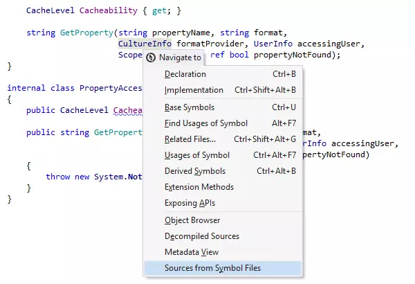 Sélectionner l'option de navigation 'Sources from Symbol Files' pour un symbole de bibliothèque