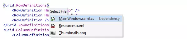 Navegação até os arquivos relacionados a partir do código XAML