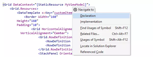 XAML 코드의 심볼에서 이동