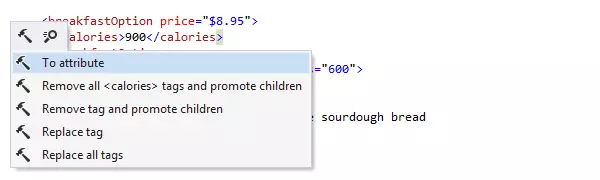 Acciones contextuales de ReSharper en código tipo XML