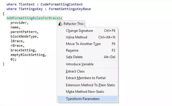 Refactorización Transform Parameters (Transformar parámetros) en ReSharper