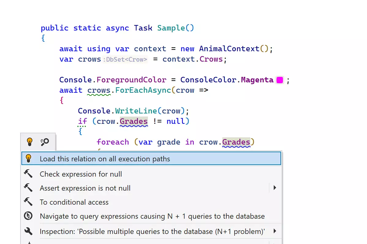 Inspecciones de problemas comunes de Entity Framework