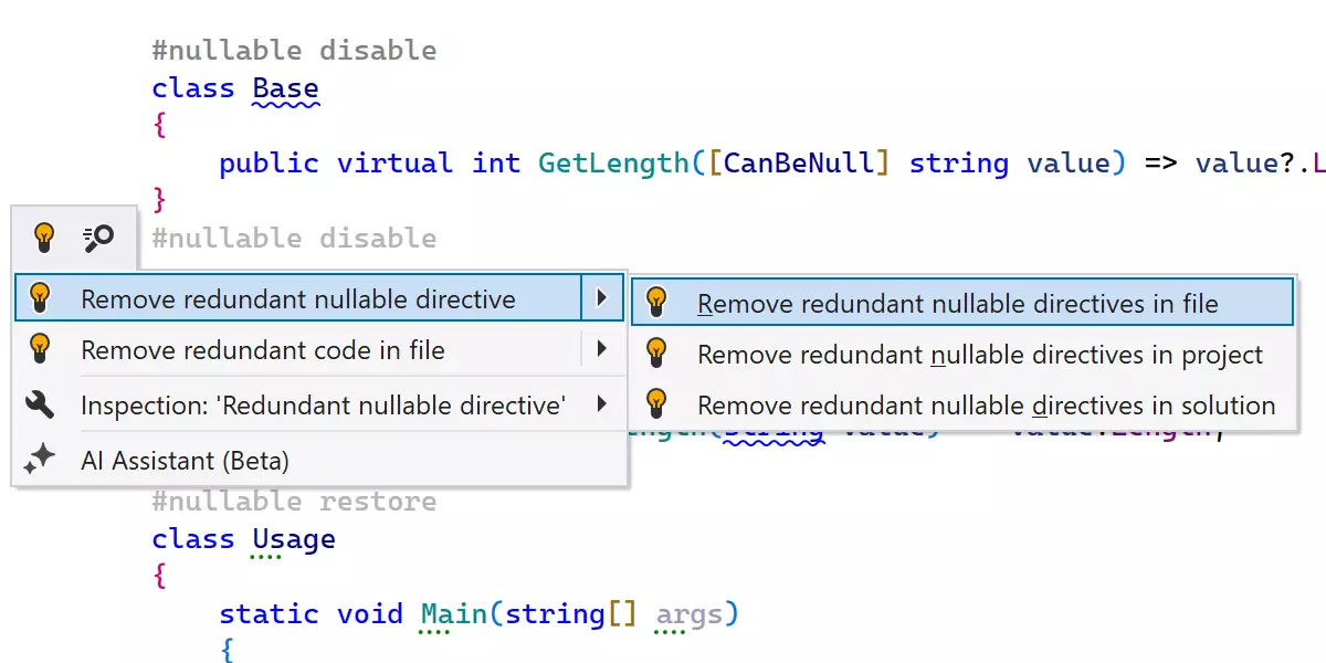 Inspections for #nullable directives and NRT annotations