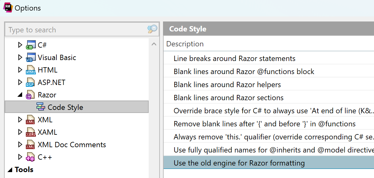 New code formatting engine for Razor