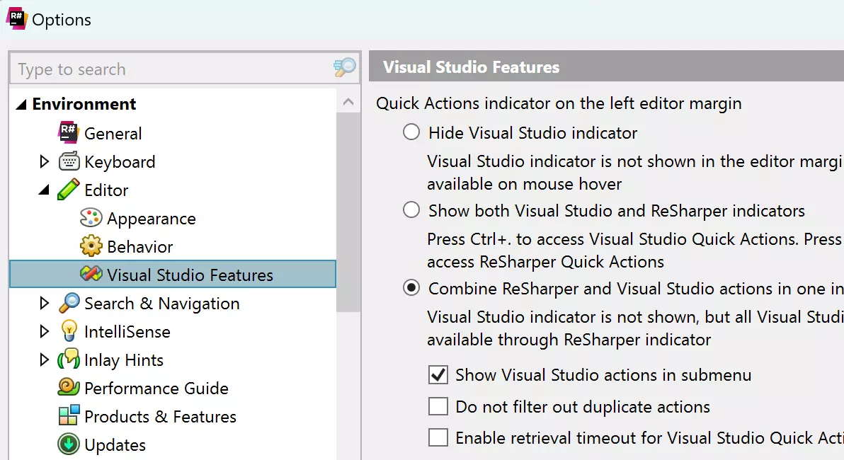 Integración revisada de las acciones rápidas de Visual Studio y ReSharper