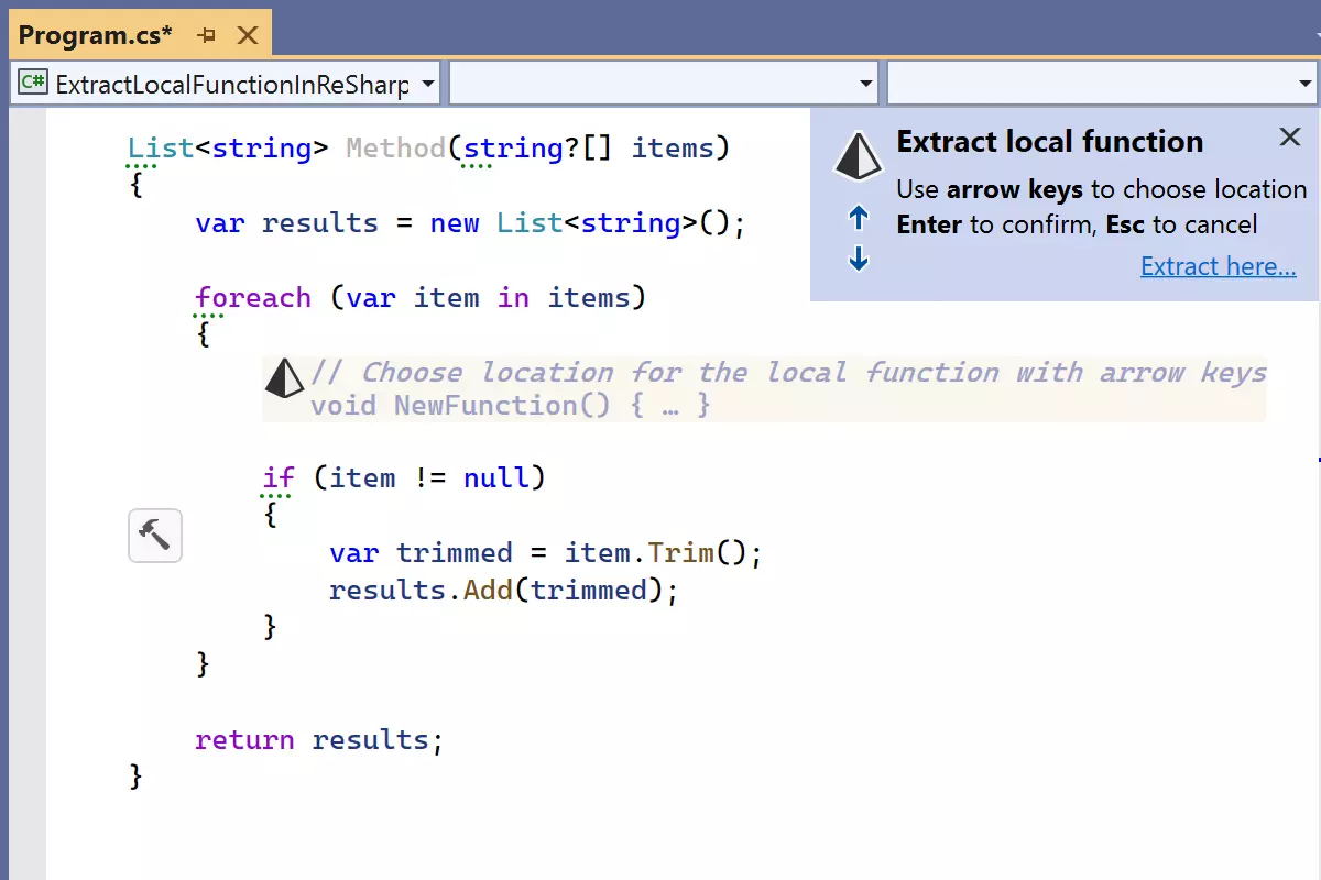 Extract local function（ローカル関数の抽出）リファクタリングの UX の改良