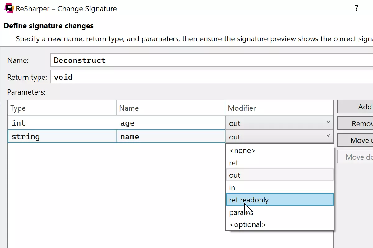 Change Signature（シグネチャーの変更）リファクタリングの更新