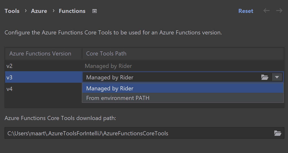 Azure Functions Core Tools managed by Rider
