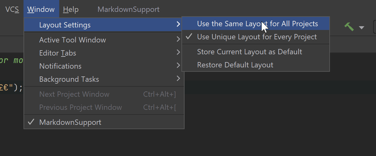 Default settings for window layout