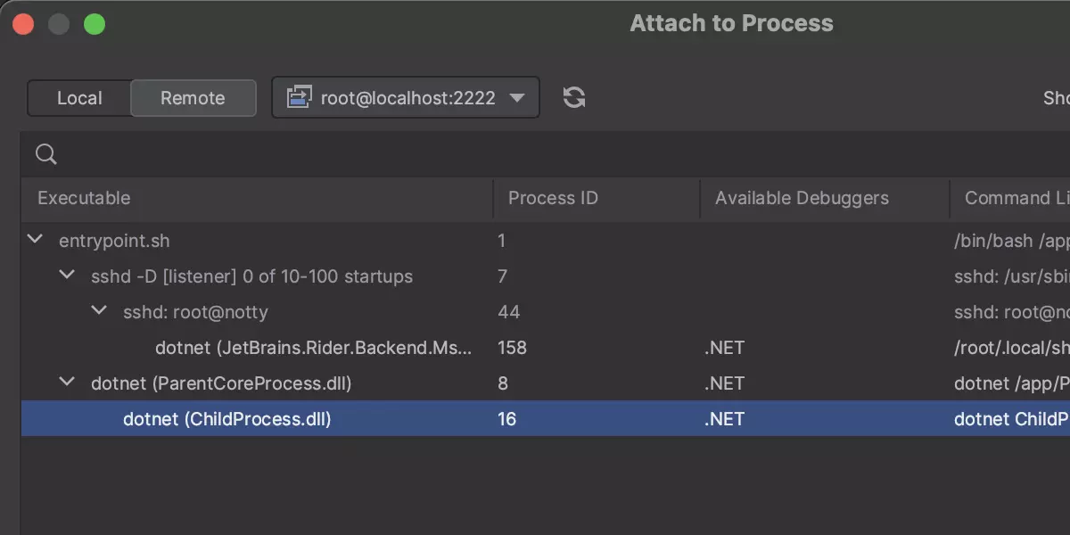 新的 Attach to process（附加到进程）对话框