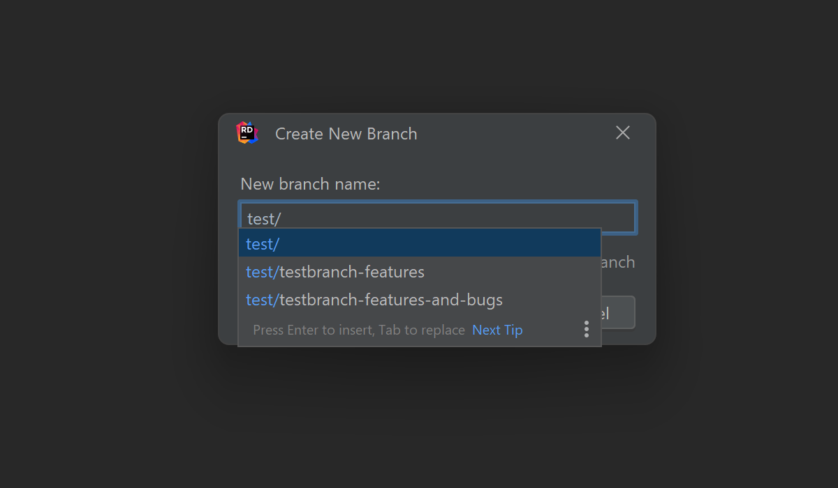 Auto-completion in the Create New Branch popup