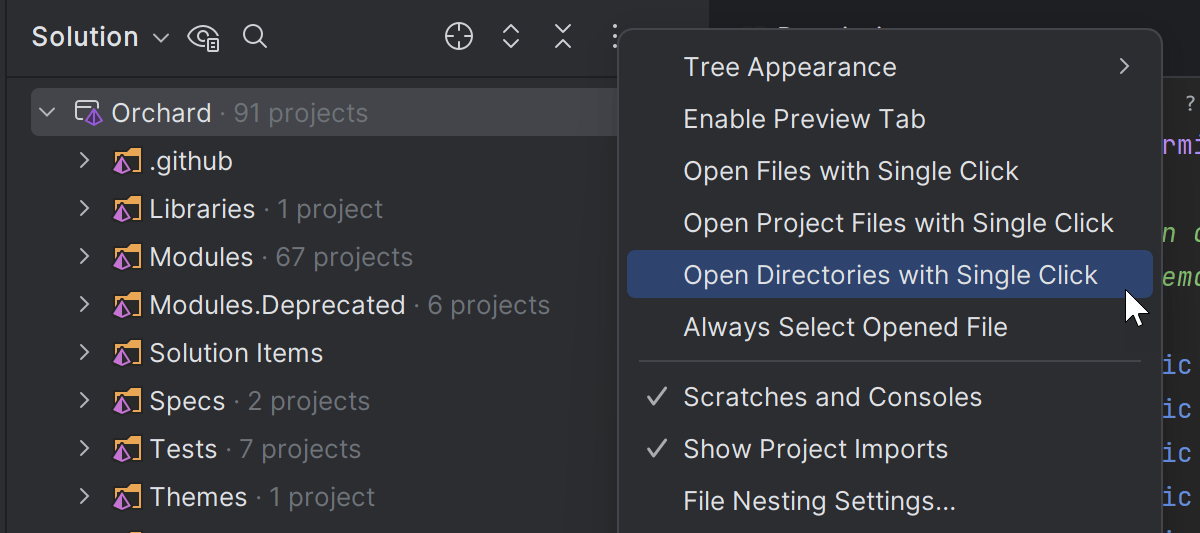 Single-click navigation between project directories