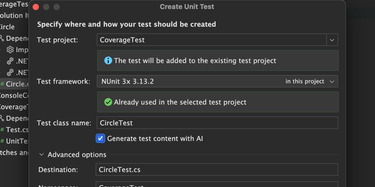 Creating and generating unit tests