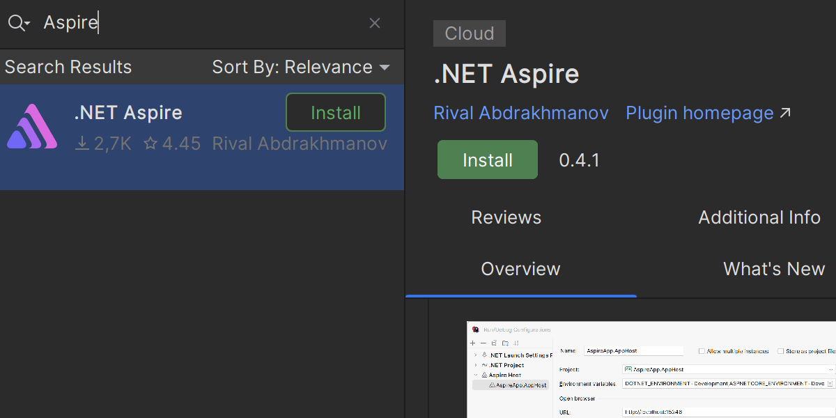 Плагин .NET Aspire для Rider
