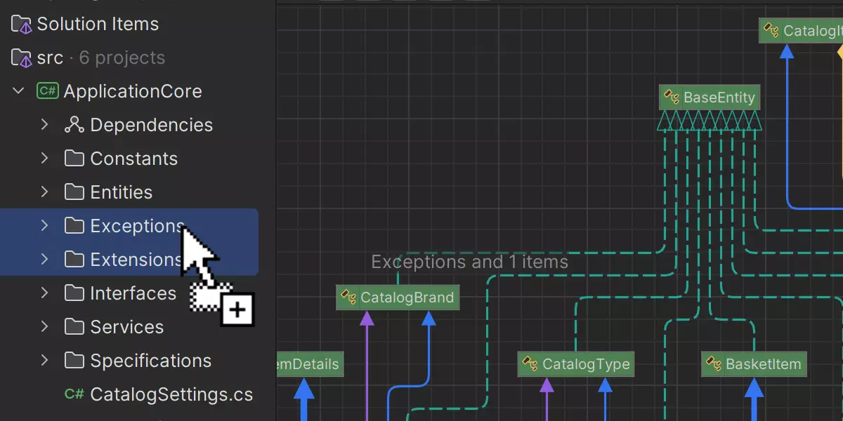 프로젝트 파일을 Type dependency(타입 종속성) 다이어그램으로 드래그 앤 드롭하는 옵션